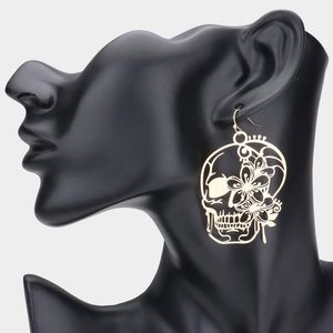 Gold Cut Out Skull Earrings Flower Metal Skeleton Accessories Dangle Filigree